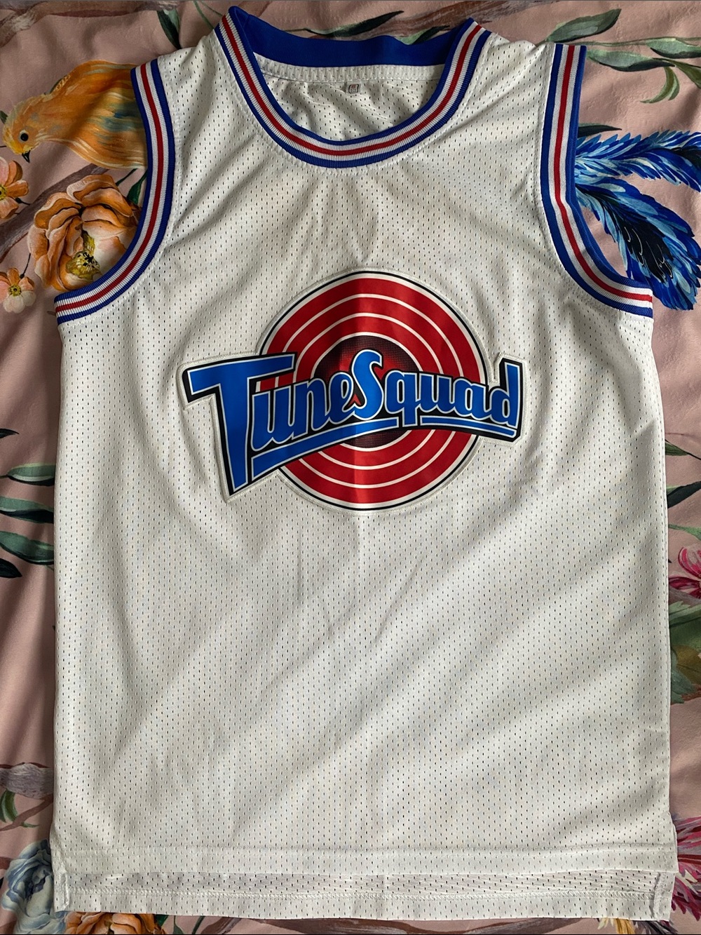 Tune Squad White Basketball Jersey with Red & Blue Logo